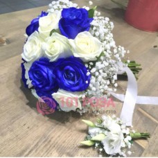 Букет невесты сине белые Розы и Гипсофила №78